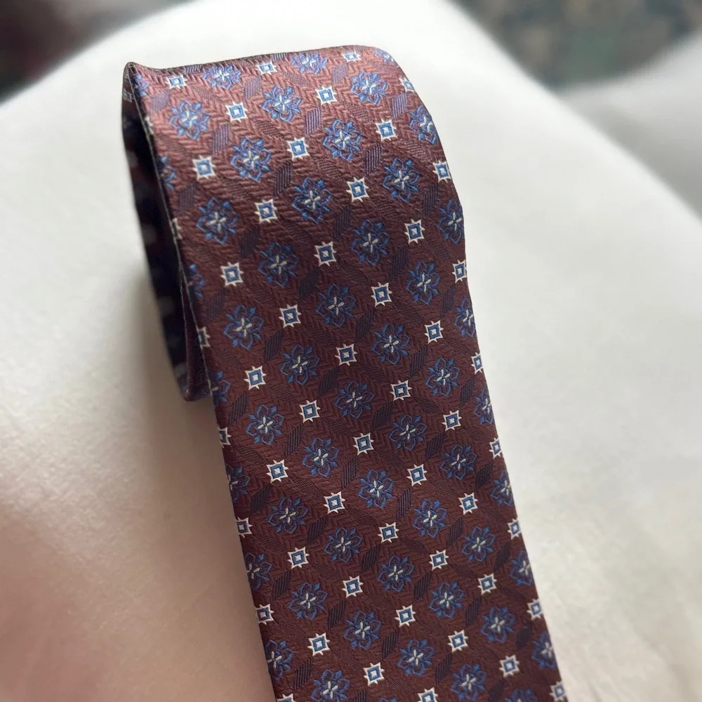 Bruno Piattelli Necktie Men One Size Burgundy Blue Geometric Floral Silk Tie
